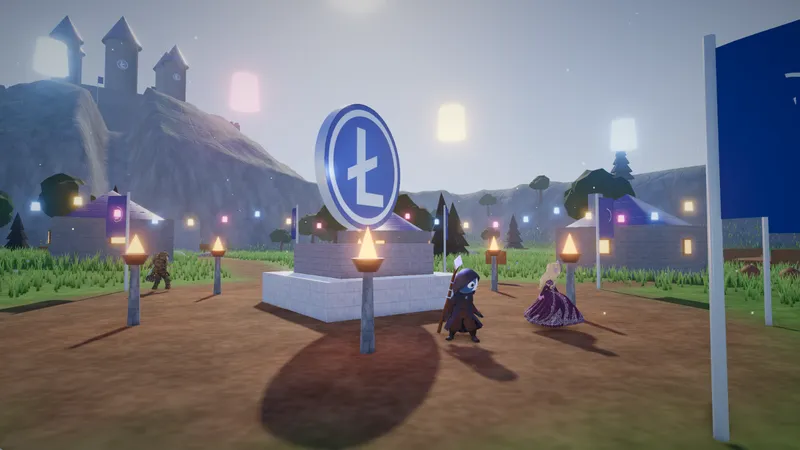Lester and Princess Lara beside the giant silver Litecoin statue in Silverleaf Village